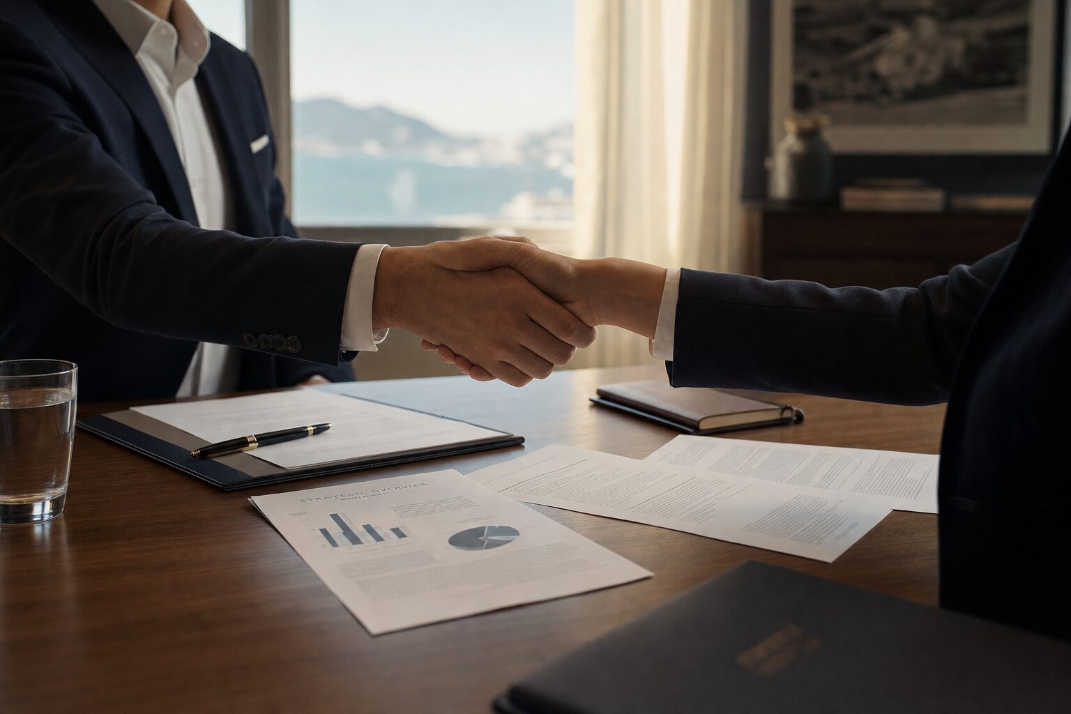 Signature d'un accord de vente dans un bureau face à la mer